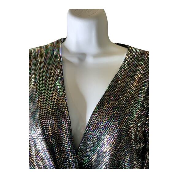 ASTR Lipsy Metallic Bodysuit Women's Size Large Glitter Disco Sequin Silver Top - Picture 6 of 11